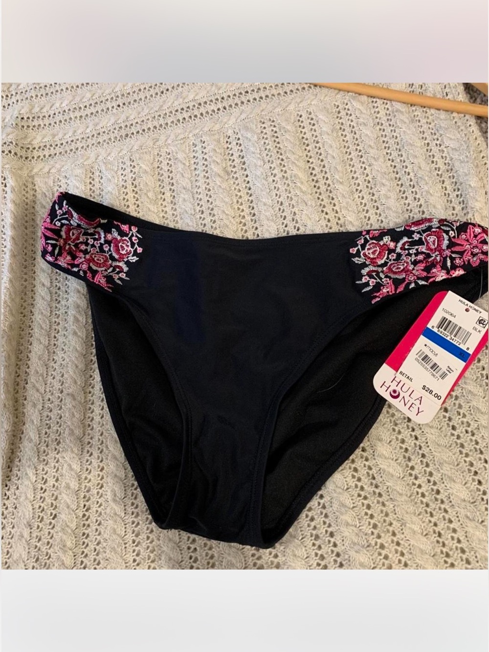 Hula Honey Women's Black Bikini Brief with Pink Floral Embroidery XL